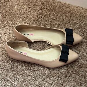 JustFab Beige Flats with Black Bow Accent
